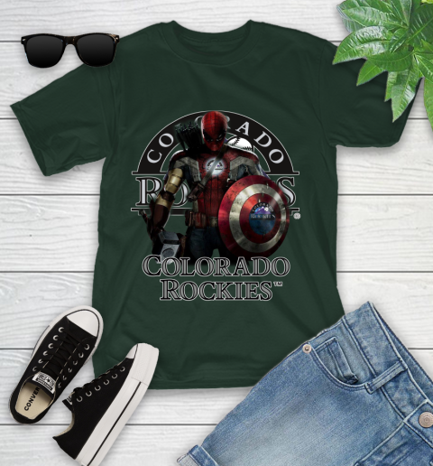MLB Captain America Thor Spider Man Hawkeye Avengers Endgame Baseball Colorado Rockies Youth T-Shirt 5
