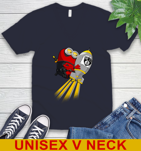 NBA Basketball Brooklyn Nets Deadpool Minion Marvel Shirt V-Neck T-Shirt 2