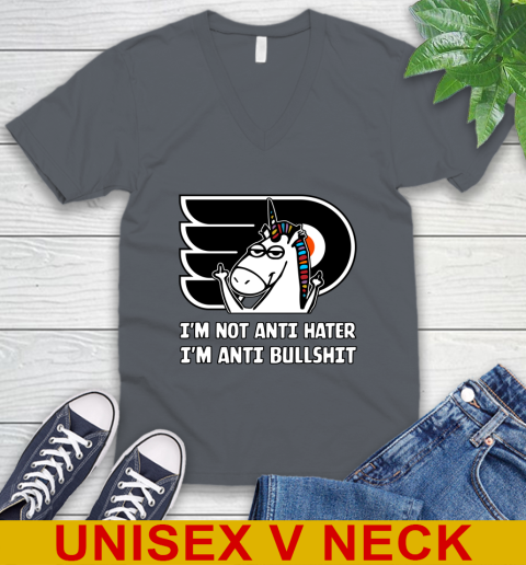 Philadelphia Flyers NHL Hockey Unicorn I'm Not Anti Hater I'm Anti Bullshit V-Neck T-Shirt 5