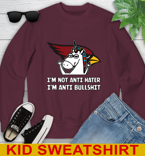 Arizona Cardinals NFL Football Unicorn I'm Not Anti Hater I'm Anti Bullshit Youth Sweatshirt 5