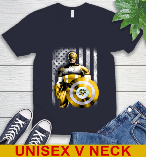 Pittsburgh Penguins NHL Hockey Captain America Marvel Avengers American Flag Shirt V-Neck T-Shirt 2