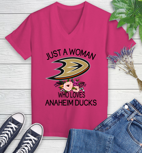 NHL Just A Woman Who Loves Anaheim Ducks Hockey Sports Women's V-Neck T-Shirt 5