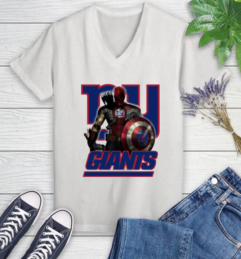 NFL Captain America Thor Spider Man Hawkeye Avengers Endgame Football New York Giants Women's V-Neck T-Shirt