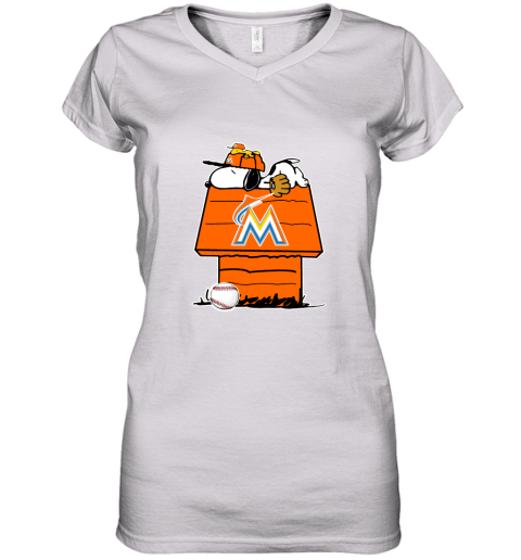 Miami Marlins Snoopy And Woodstock Resting Together MLB Women's V-Neck T-Shirt