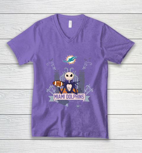 NFL Miami Dolphins Football Jack Skellington Halloween V-Neck T-Shirt 8