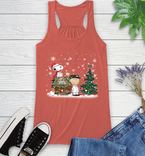 MLB Miami Marlins Snoopy Charlie Brown Christmas Baseball Commissioner's Trophy Racerback Tank 3