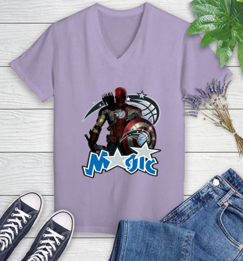 Philadelphia 76ers NBA Basketball Captain America Thor Spider Man Hawkeye Avengers Women's V-Neck T-Shirt 14