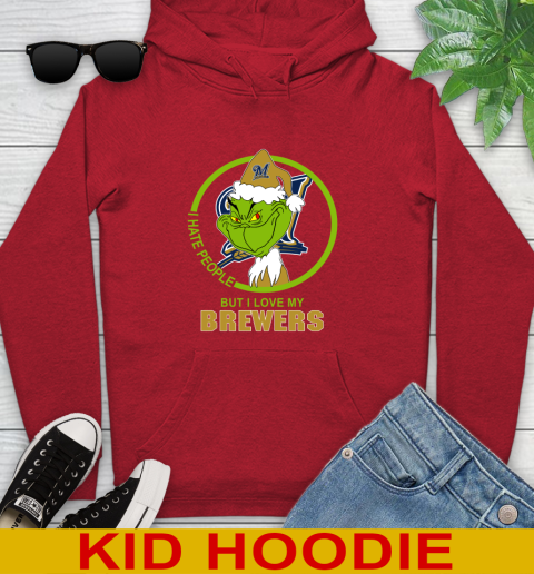Milwaukee Brewers MLB Christmas Grinch I Hate People But I Love My Favorite Baseball Team Youth Hoodie 11