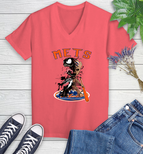MLB New York Mets Baseball Venom Groot Guardians Of The Galaxy Women's V-Neck T-Shirt 6
