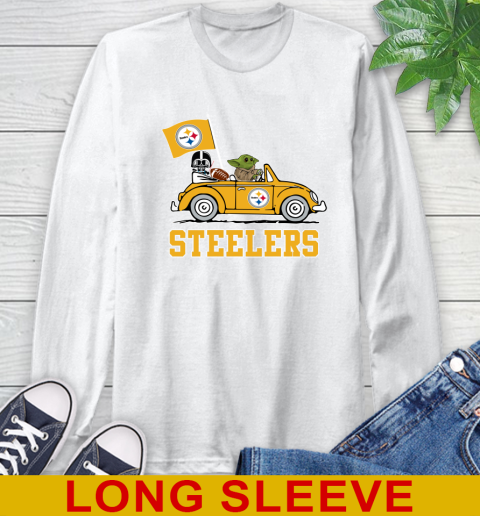 NFL Football Pittsburgh Steelers Darth Vader Baby Yoda Driving Star Wars Shirt Long Sleeve T-Shirt