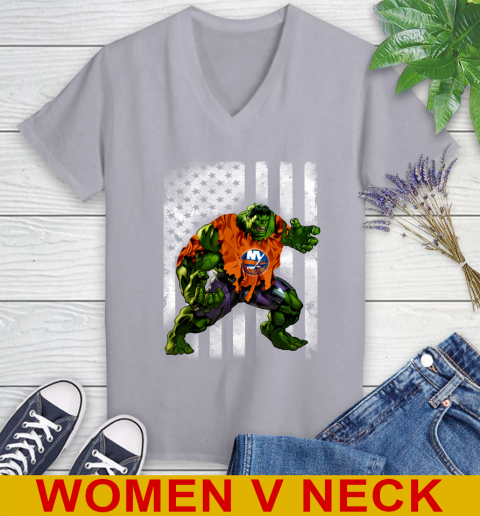 New York Islanders Hulk Marvel Avengers NHL Hockey American Flag Women's V-Neck T-Shirt 4