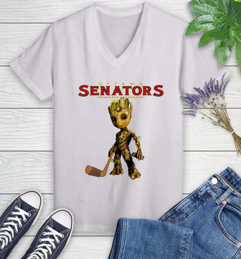 Ottawa Senators NHL Hockey Groot Marvel Guardians Of The Galaxy Women's V-Neck T-Shirt