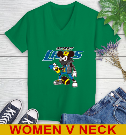 Detroit Lions NFL Football Mickey Peace Sign Sports Women's V-Neck T-Shirt 6