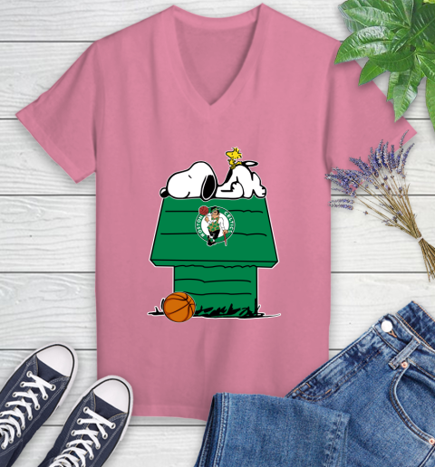 Boston Celtics NBA Basketball Snoopy Woodstock The Peanuts Movie Women's V-Neck T-Shirt 13