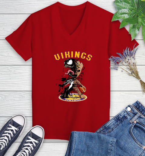 NFL Minnesota Vikings Football Venom Groot Guardians Of The Galaxy Women's V-Neck T-Shirt 12