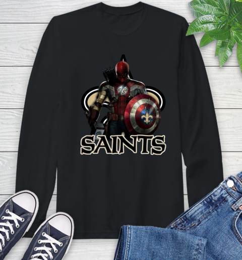 NFL Captain America Thor Spider Man Hawkeye Avengers Endgame Football New Orleans Saints Long Sleeve T-Shirt 2