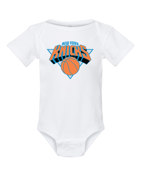 jbwh custom nba new york knicks logo short sleeve baby infant rib bodysuit 4400 105 front white