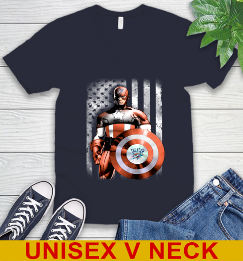 Oklahoma City Thunder NBA Basketball Captain America Marvel Avengers American Flag Shirt V-Neck T-Shirt 2