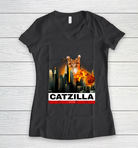 CATZILLA  Funny Kitty Tshirt for Cat lovers to Halloween Women's V-Neck T-Shirt 6
