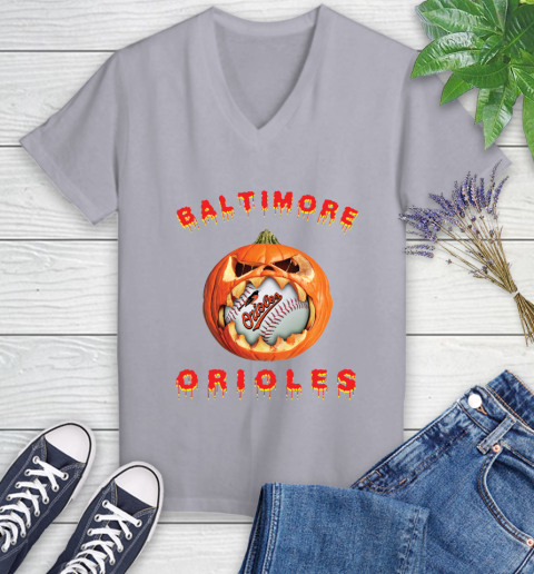 MLB Baltimore Orioles Halloween Pumpkin Baseball Sports Women's V-Neck T-Shirt 4