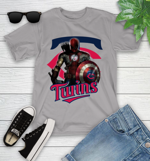 MLB Captain America Thor Spider Man Hawkeye Avengers Endgame Baseball Minnesota Twins Youth T-Shirt 4