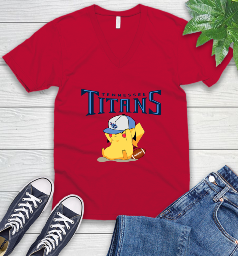 NFL Pikachu Football Tennessee Titans V-Neck T-Shirt 7