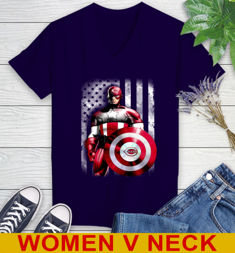 Cincinnati Reds MLB Baseball Captain America Marvel Avengers American Flag Shirt Women's V-Neck T-Shirt 3
