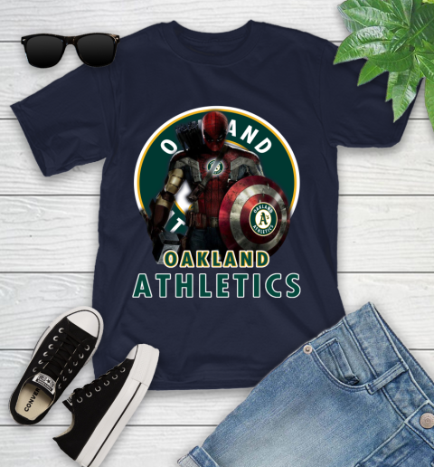 MLB Captain America Thor Spider Man Hawkeye Avengers Endgame Baseball Oakland Athletics Youth T-Shirt 3