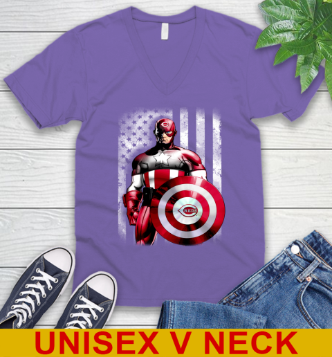 Cincinnati Reds MLB Baseball Captain America Marvel Avengers American Flag Shirt V-Neck T-Shirt 8