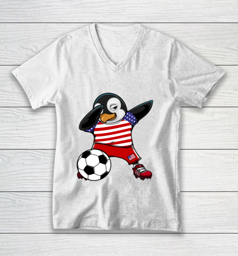 Dabbing Penguin America Soccer Fans Jersey Football Lover V-Neck T-Shirt