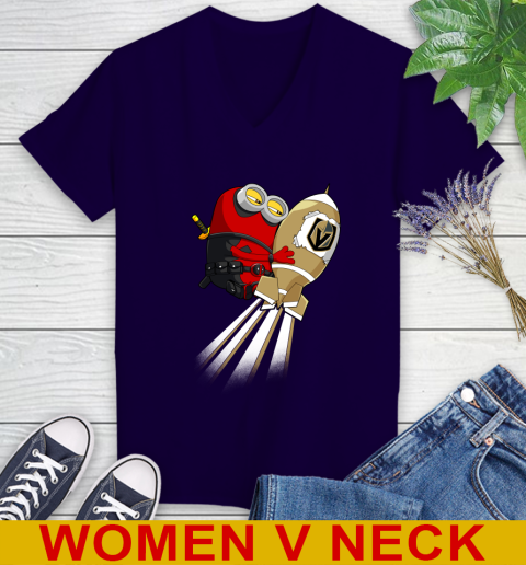 NHL Hockey Vegas Golden Knights Deadpool Minion Marvel Shirt Women's V-Neck T-Shirt 3