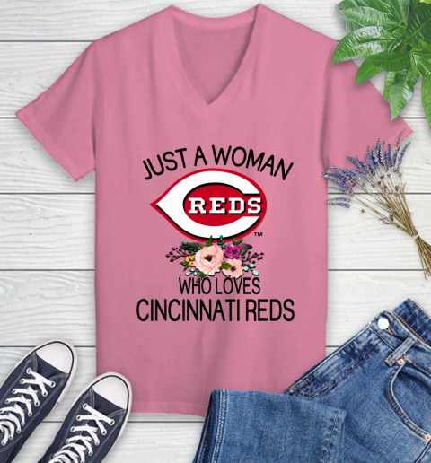 MLB Just A Woman Who Loves Cincinnati Reds Baseball Sports Women's V-Neck T-Shirt 8