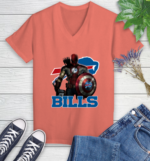 NFL Captain America Thor Spider Man Hawkeye Avengers Endgame Football Buffalo Bills Women's V-Neck T-Shirt 6
