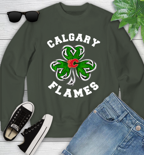 NHL Calgary Flames Three Leaf Clover St Patrick's Day Hockey Sports Youth Sweatshirt 9