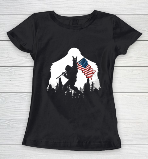 Bigfoot Victorty sign Peace USA Flag in the forest Camping Women's T-Shirt