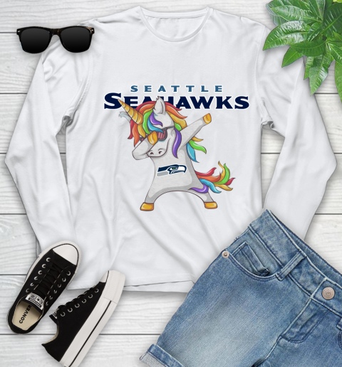 Seattle Seahawks NFL Football Funny Unicorn Dabbing Sports Youth Long Sleeve