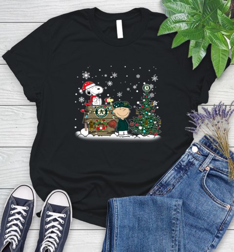 MLB Oakland Athletics Snoopy Charlie Brown Christmas Baseball Commissioner's Trophy Women's T-Shirt