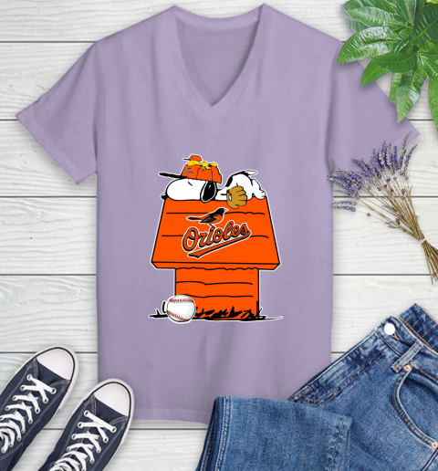 MLB Baltimore Orioles Snoopy Woodstock The Peanuts Movie Baseball T Shirt Women's V-Neck T-Shirt 14