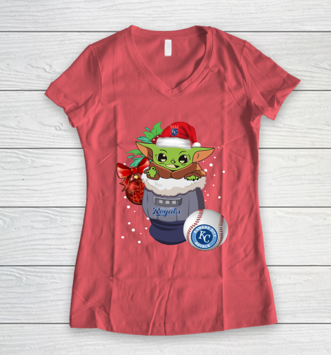 Kansas City Royals Christmas Baby Yoda Star Wars Funny Happy MLB Women's V-Neck T-Shirt 6
