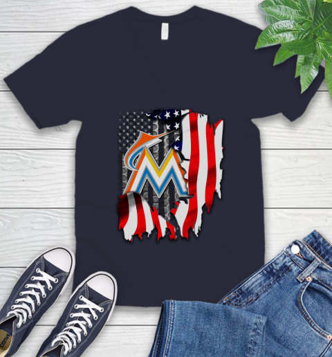 Miami Marlins MLB Baseball American Flag V-Neck T-Shirt 2