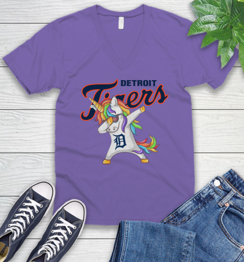Detroit Tigers MLB Baseball Funny Unicorn Dabbing Sports V-Neck T-Shirt 10