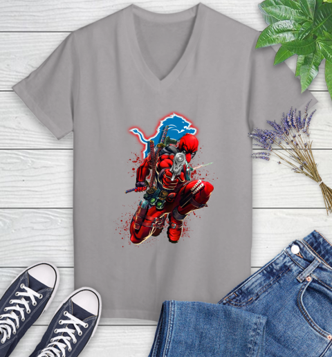 NFL Deadpool Marvel Comics Sports Football Detroit Lions Women's V-Neck T-Shirt 4