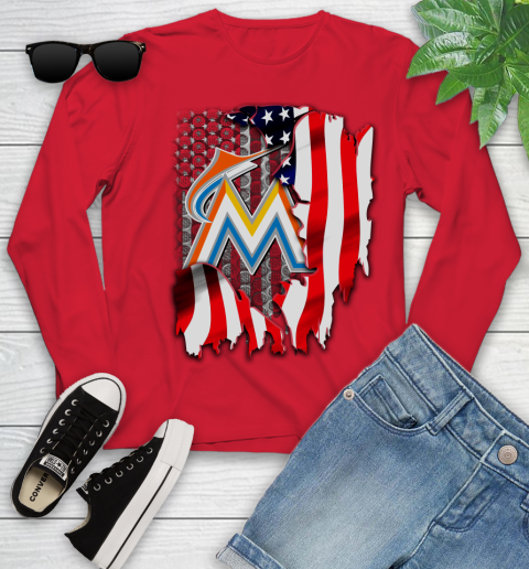 Miami Marlins MLB Baseball American Flag Youth Long Sleeve 11