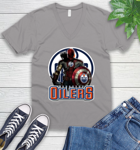 NHL Captain America Thor Spider Man Hawkeye Avengers Endgame Hockey Edmonton Oilers V-Neck T-Shirt 4