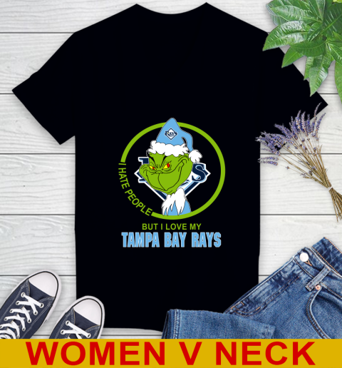 Tampa Bay Rays MLB Christmas Grinch I Hate People But I Love My Favorite Baseball Team Women's V-Neck T-Shirt 2