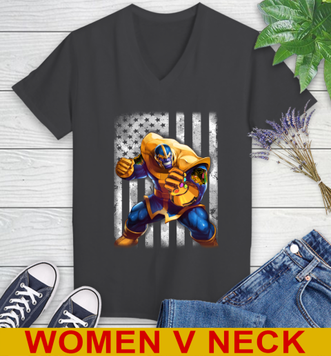 NHL Hockey Chicago Blackhawks Thanos Marvel American Flag Shirt Women's V-Neck T-Shirt 8