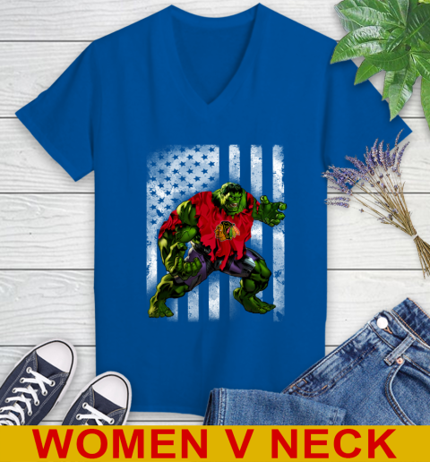 Chicago Blackhawks Hulk Marvel Avengers NHL Hockey American Flag Women's V-Neck T-Shirt 9