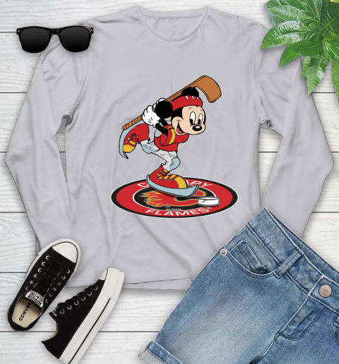 NHL Hockey Calgary Flames Cheerful Mickey Disney Shirt Youth Long Sleeve 5
