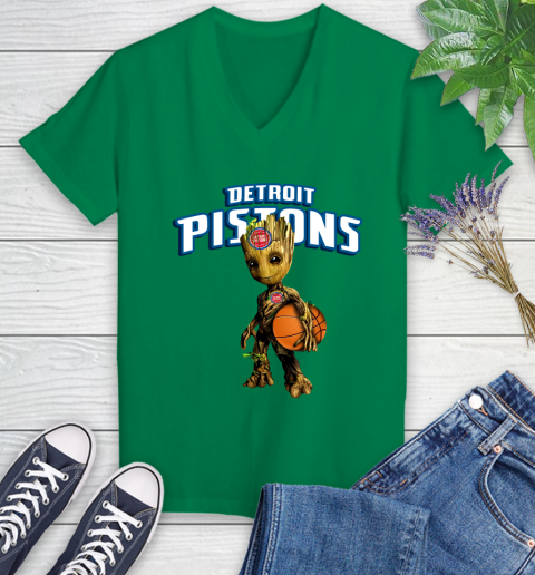 Detroit Pistons NBA Basketball Groot Marvel Guardians Of The Galaxy Women's V-Neck T-Shirt 5