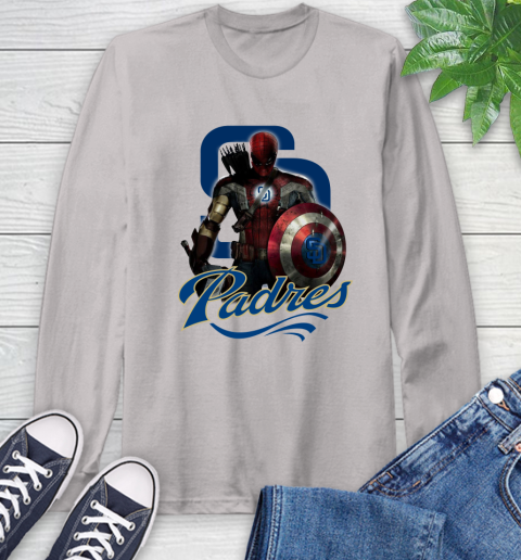 MLB Captain America Thor Spider Man Hawkeye Avengers Endgame Baseball San Diego Padres Long Sleeve T-Shirt 12
